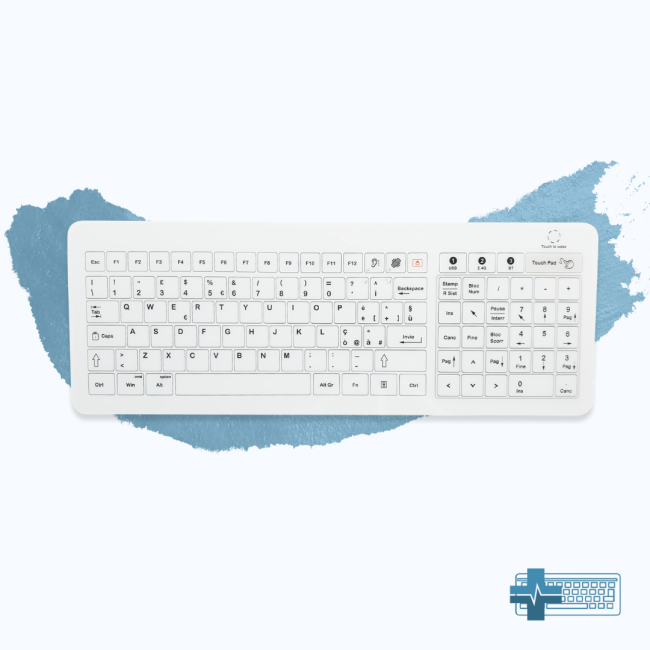 TVB02: Wireless medical keyboard in tempered glass and plastic bottom, with touchpad and numeric keypad